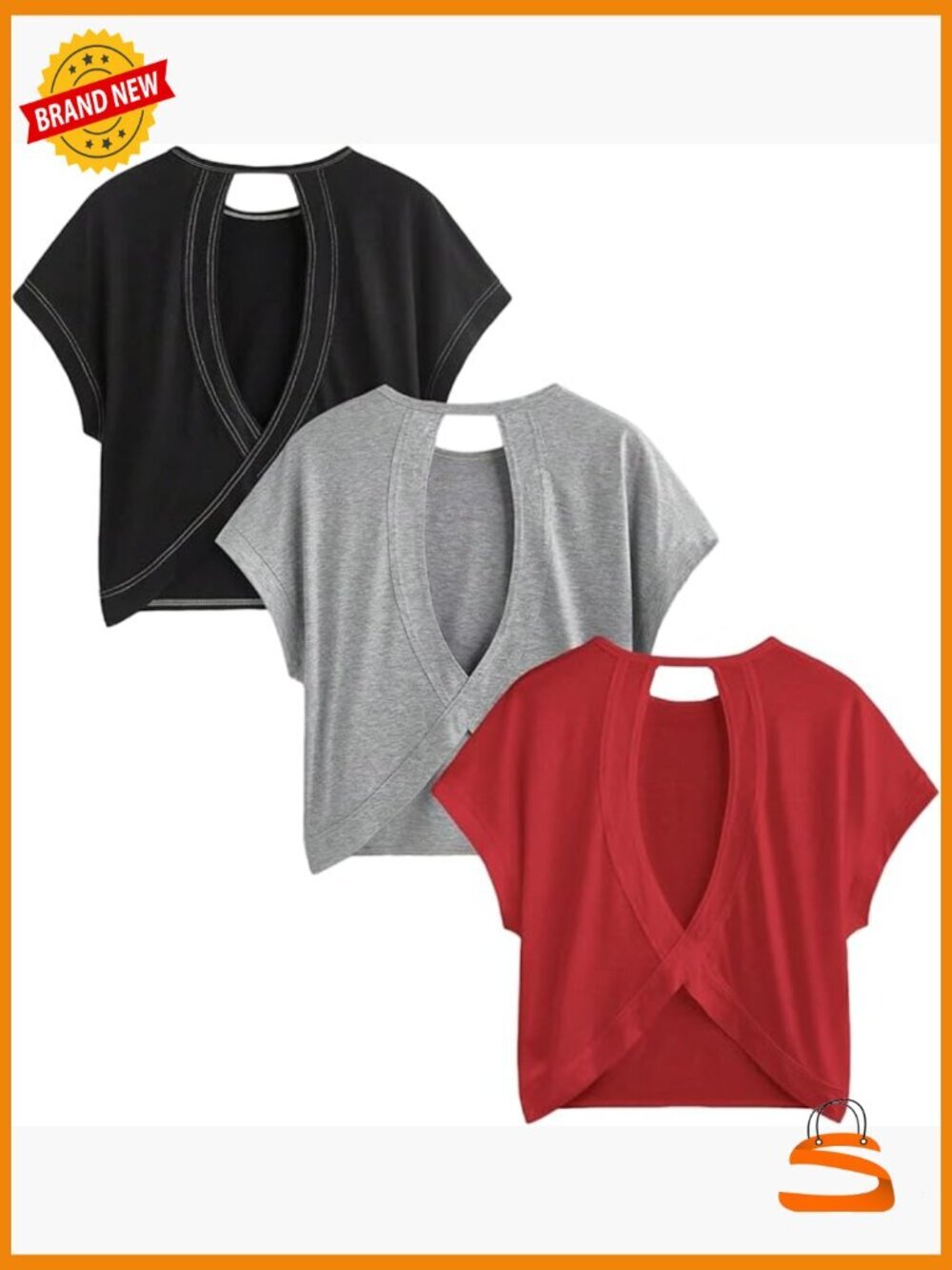 3 Pack Open Back Tops Criss Cross Cut Out Tee Short Sleeve Crewneck Summer